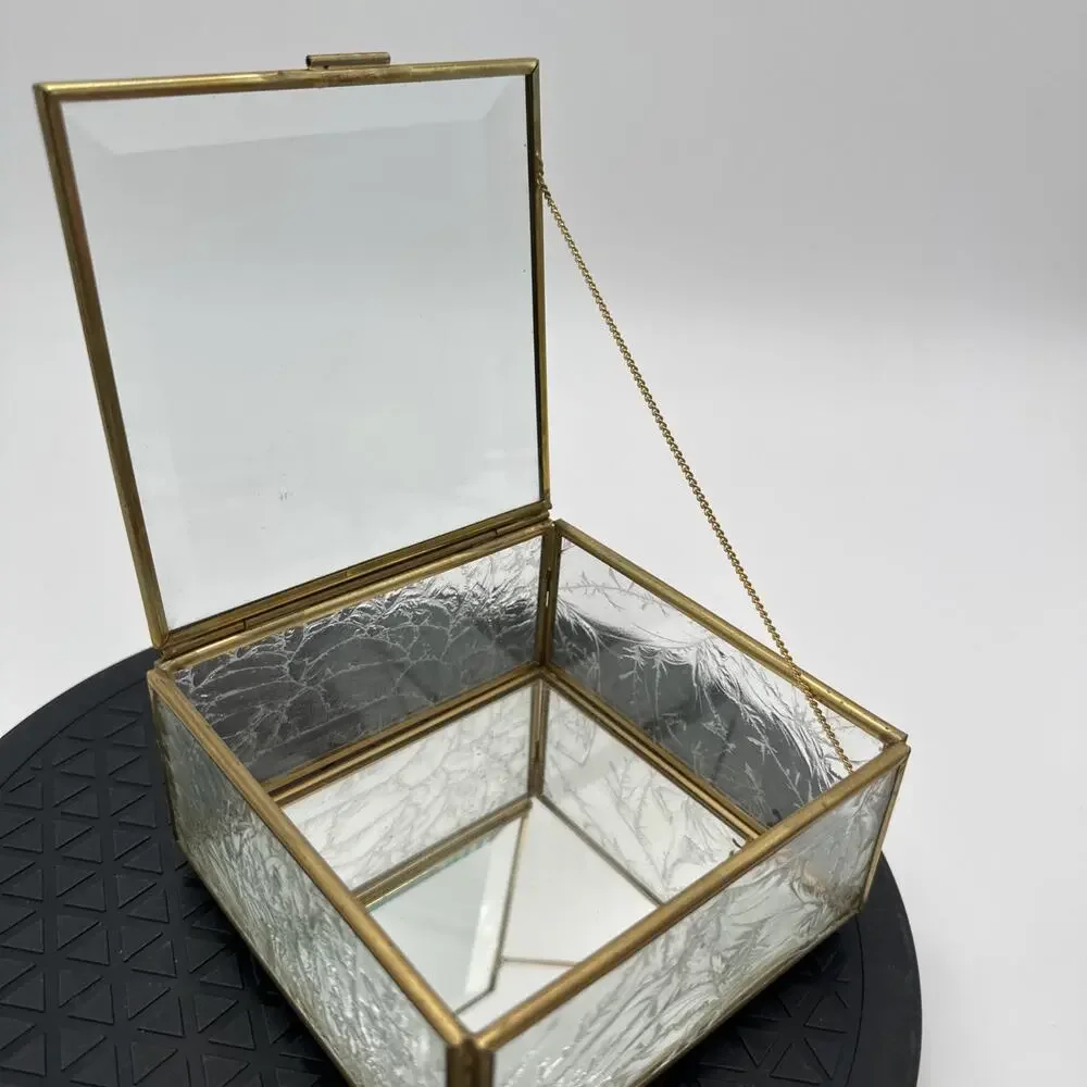 Vintage Glass Brass Trinket Box Etched Frosted Glass